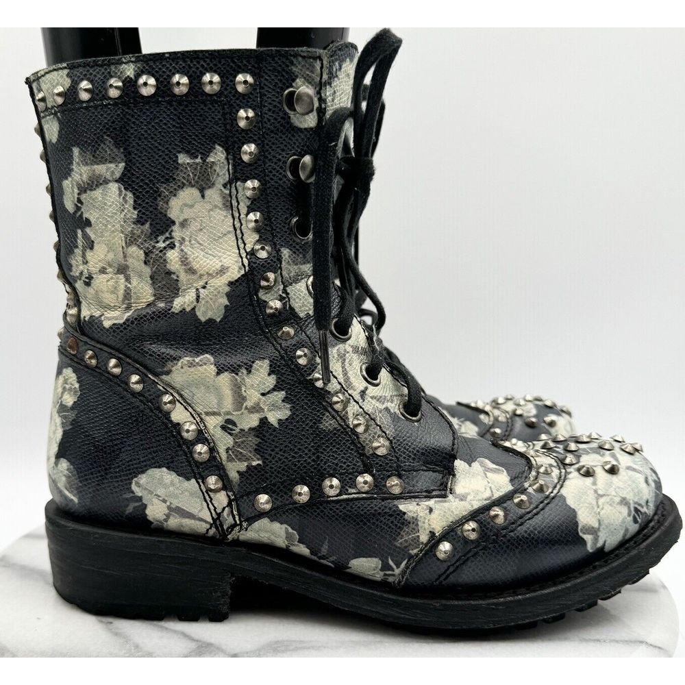ASH Women's Black Leather Floral Studded Round‎ Toe Biker Combat Boots Size 36